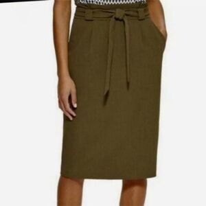 Elegant Calvin Klein Olive Tie Waist Wardrobe Midi Pencil Skirt with Lining -4/S